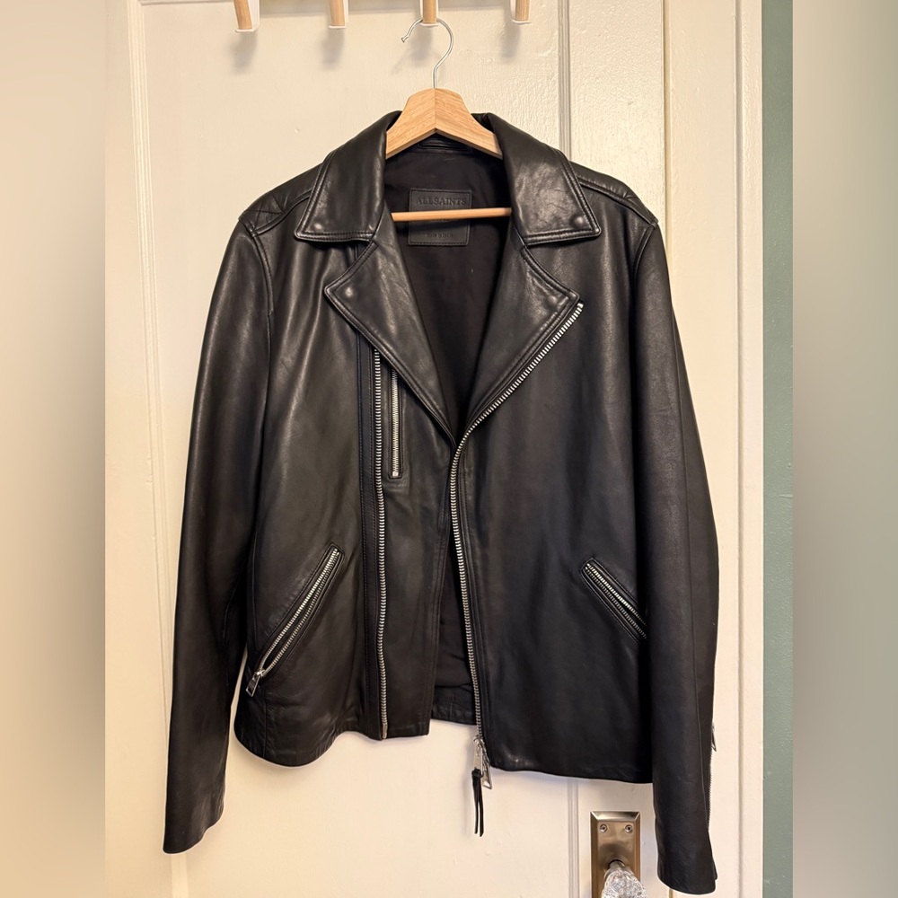 All Saints Black Leather Biker Jacket with Silver Zippers